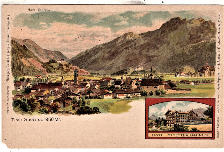 Cartolina Sudtirol Alto Adige Bolzano Bozen Vipiteno Sterzing Hotel Stoetter dis.Reisch angolo basso abraso | Collezionissimo