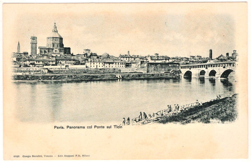 Cartolina Pavia panorama col ponte sul Ticino lavandaie | Collezionissimo