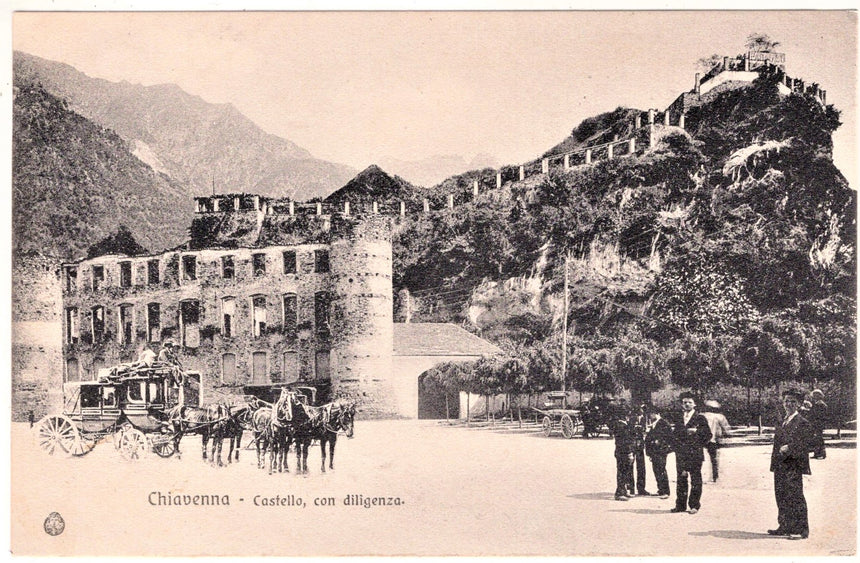 Cartolina Sondrio Chiavenna castello e diligenza | Collezionissimo