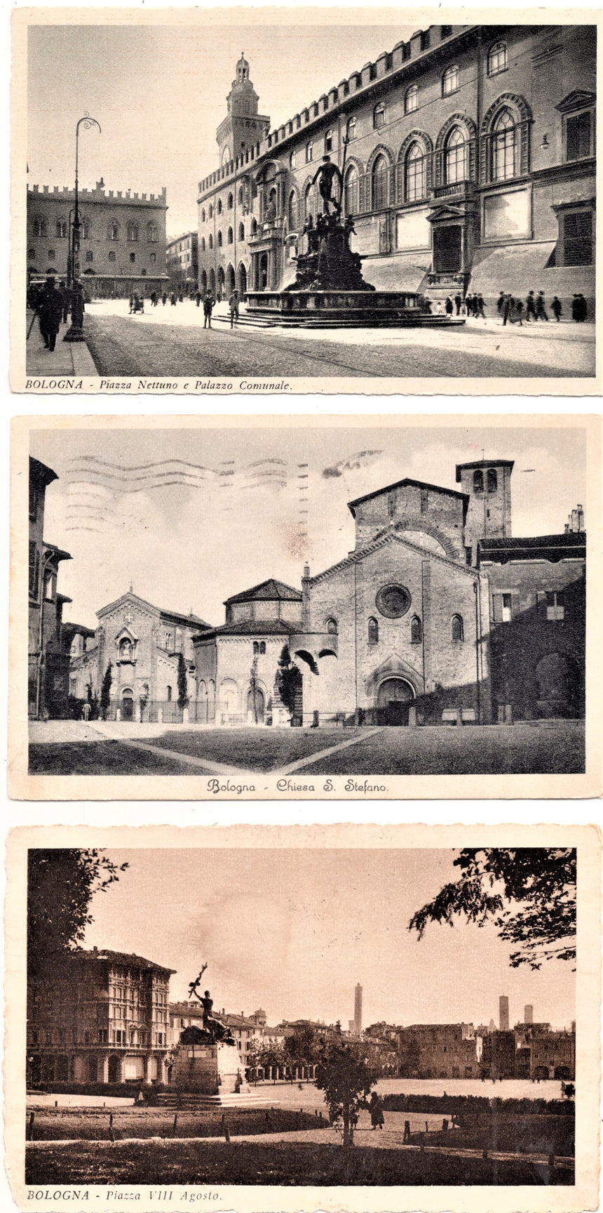 Cartolina Bologna chiesa S.Stefano piazza Nettuno piazza VIII agosto | Collezionissimo