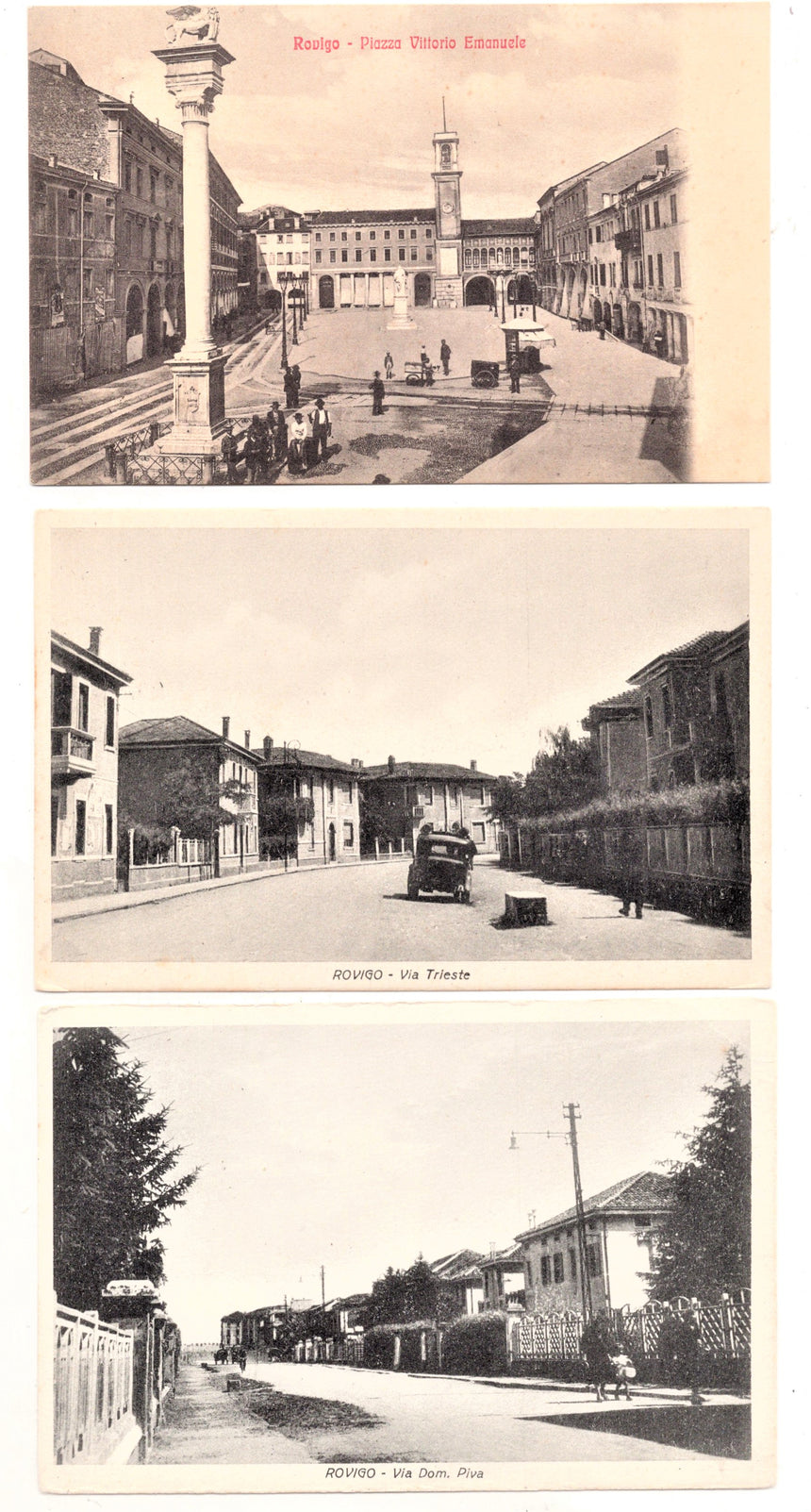 Cartolina Rovigo via Trieste via Piva piazza V. Emanuele | Collezionissimo