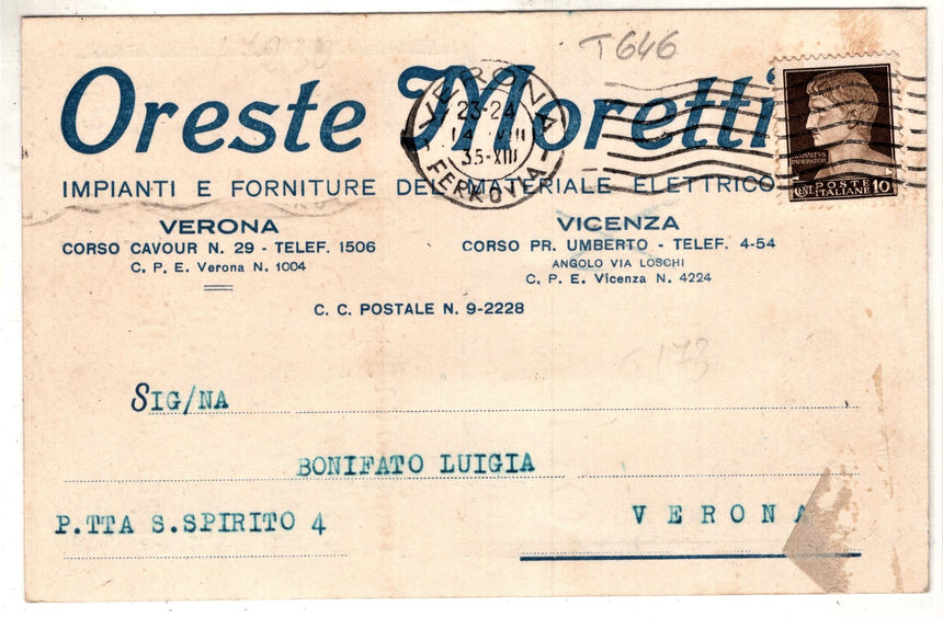 Cartolina Verona Pubblicità materiale elettrico O.Moretti | Collezionissimo