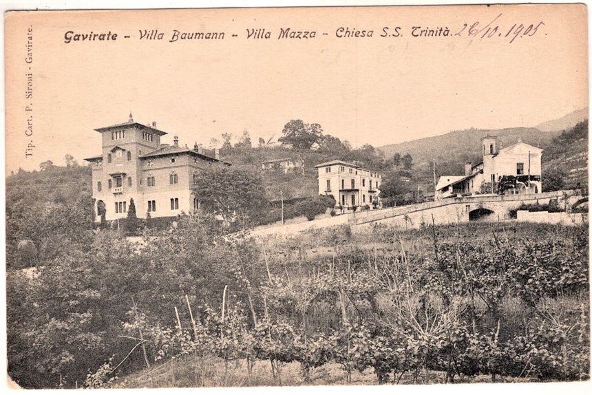 Cartolina Varese Gavirate villa Baumann villa Mazza chiesa S.S.Trinità | Collezionissimo