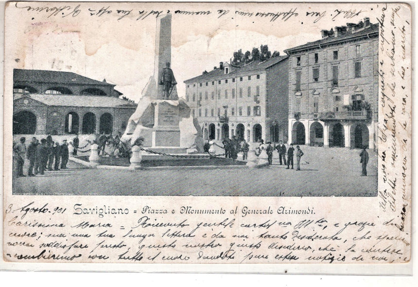 Cartolina Cuneo Savigliano piazza e monumento al Generale Arimondi | Collezionissimo